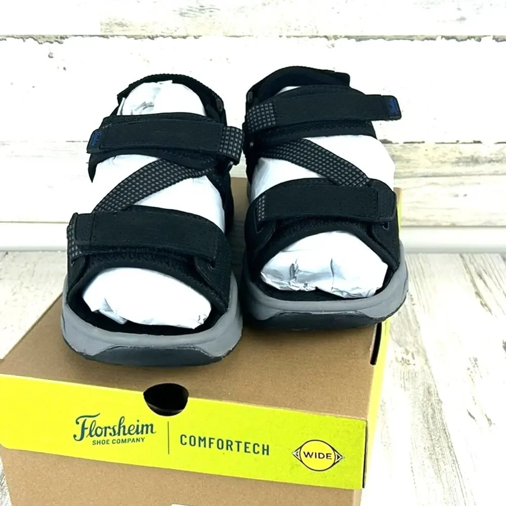 Florsheim Mens 8 Black Leather Treadlite River Sandals Adjustable NWB